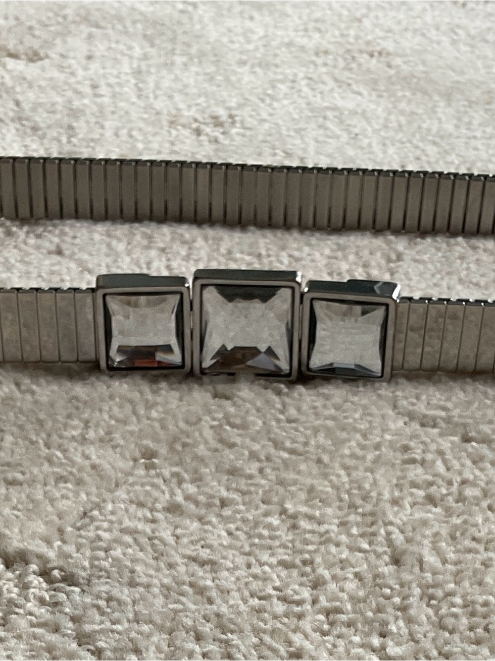 Vintage Y2K Stretch Shiny Silver-Tone Belt  with Three Square Crystal Accents